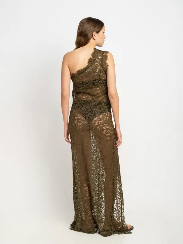 Miri One Shoulder Cotton Lace Dress in Olive