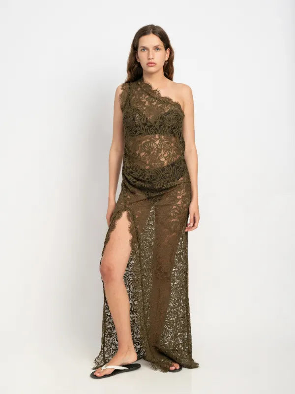 Miri One Shoulder Cotton Lace Dress in Olive
