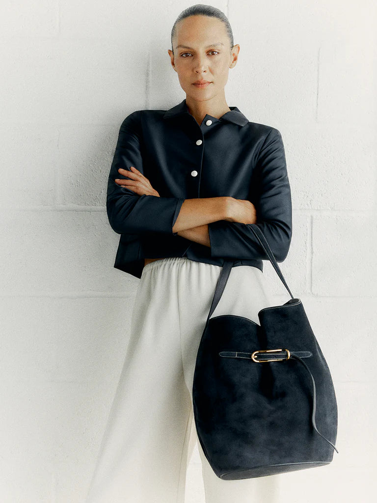 Belted Bucket Bag Large Black Suede