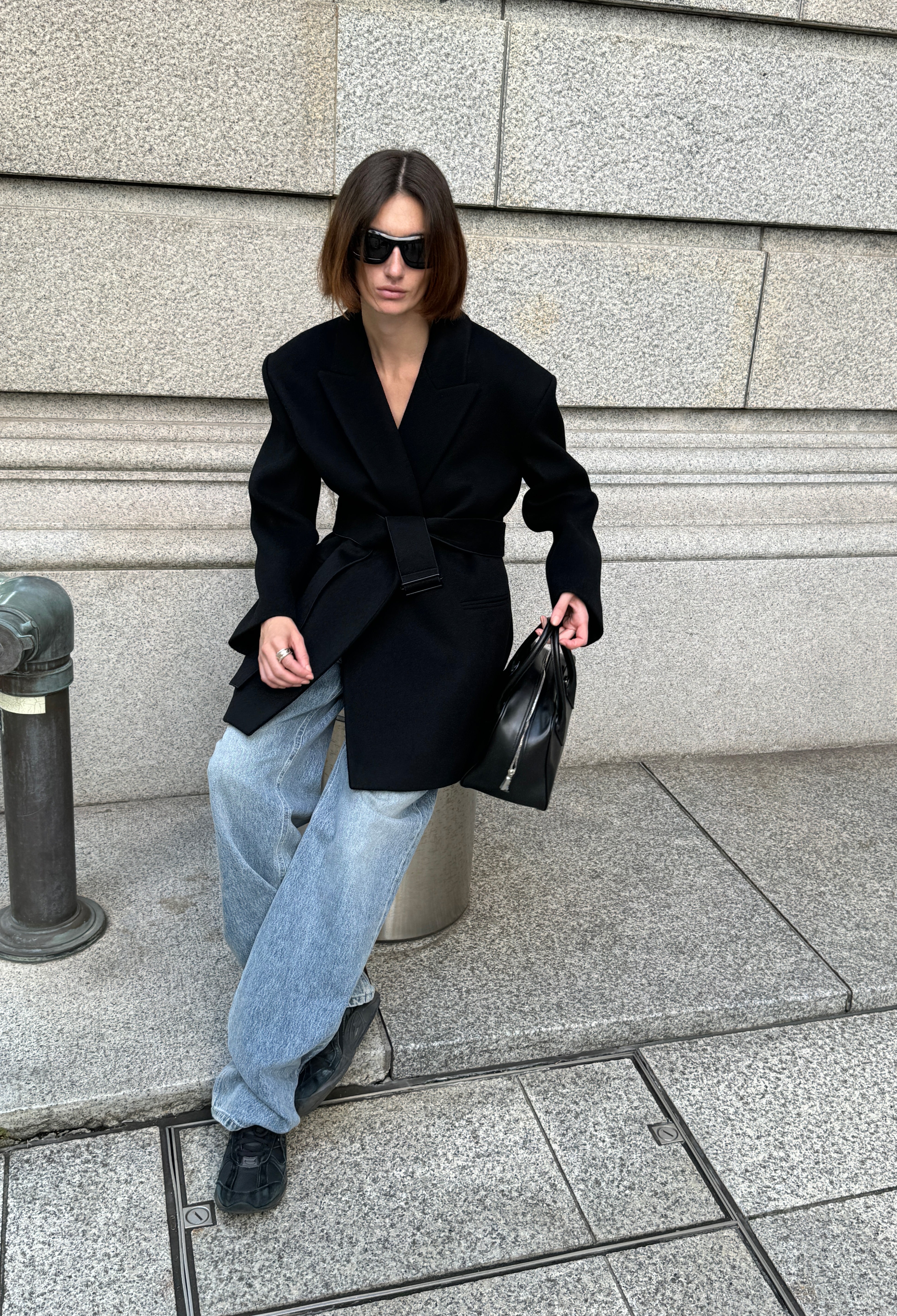 Double-breasted Belted Half Coat in Black