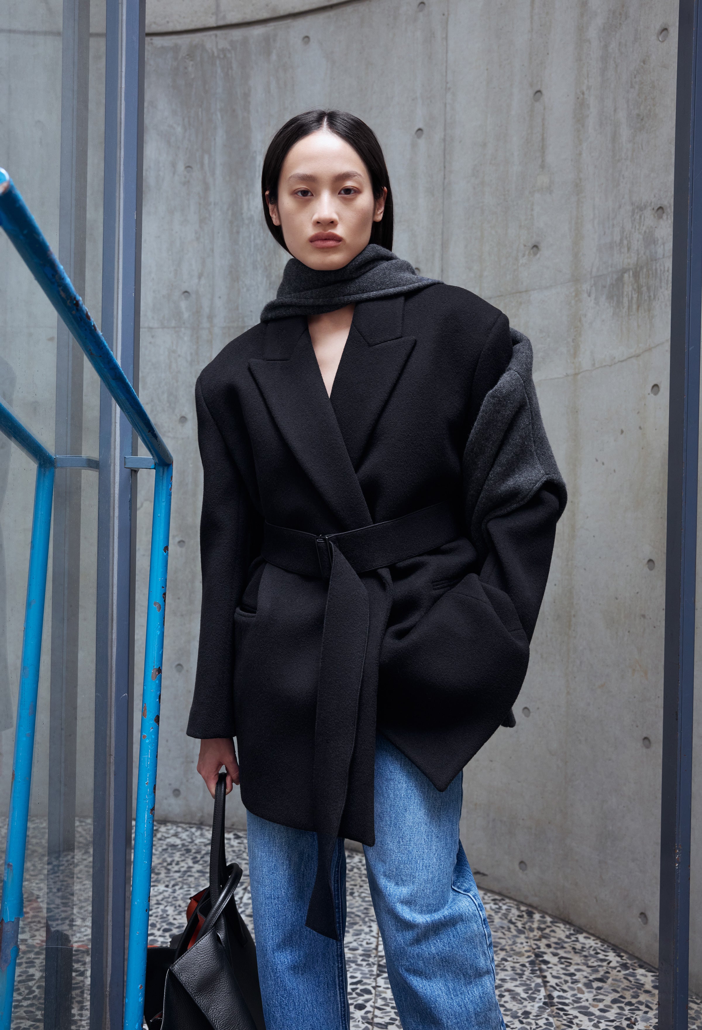 Double-breasted Belted Half Coat in Black
