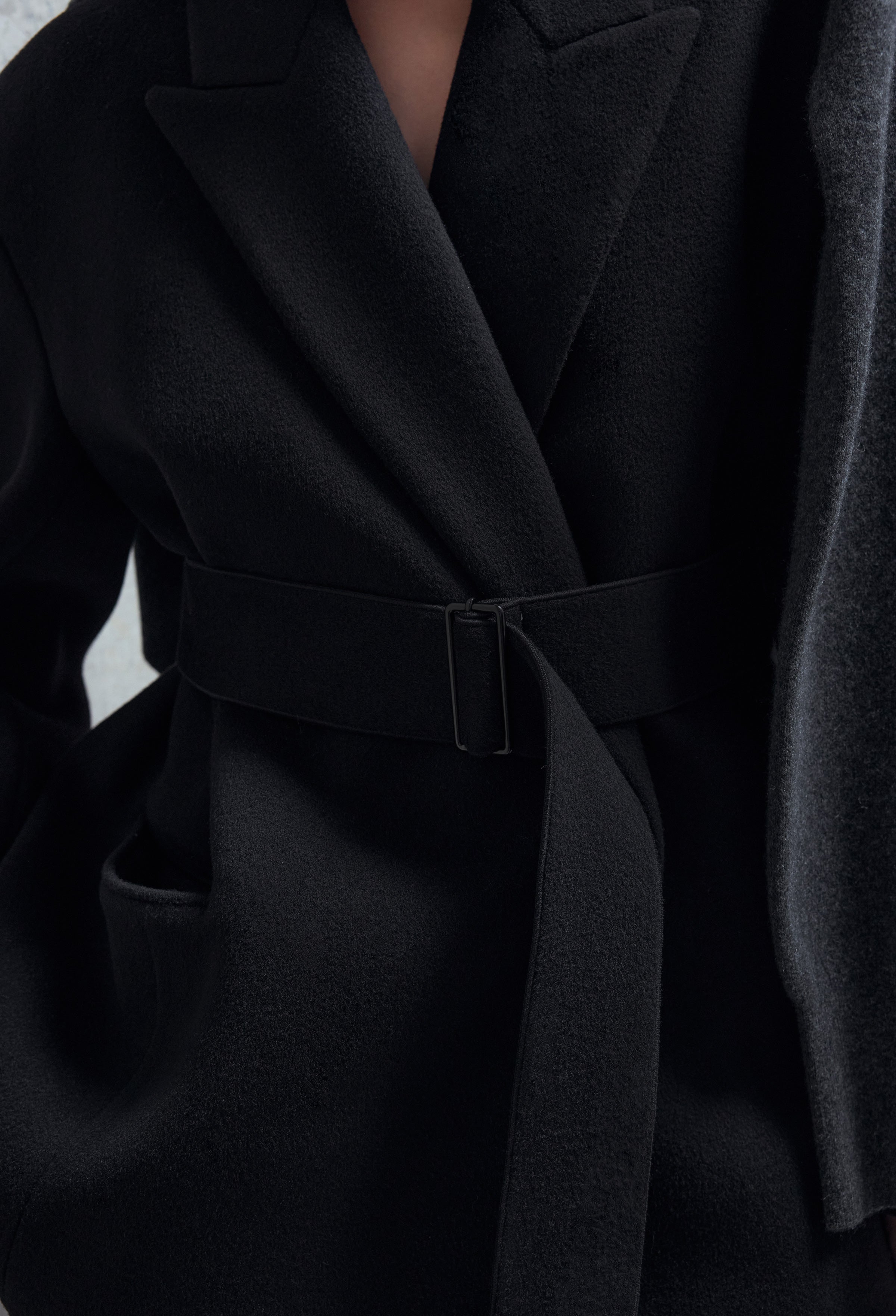 Double-breasted Belted Half Coat in Black