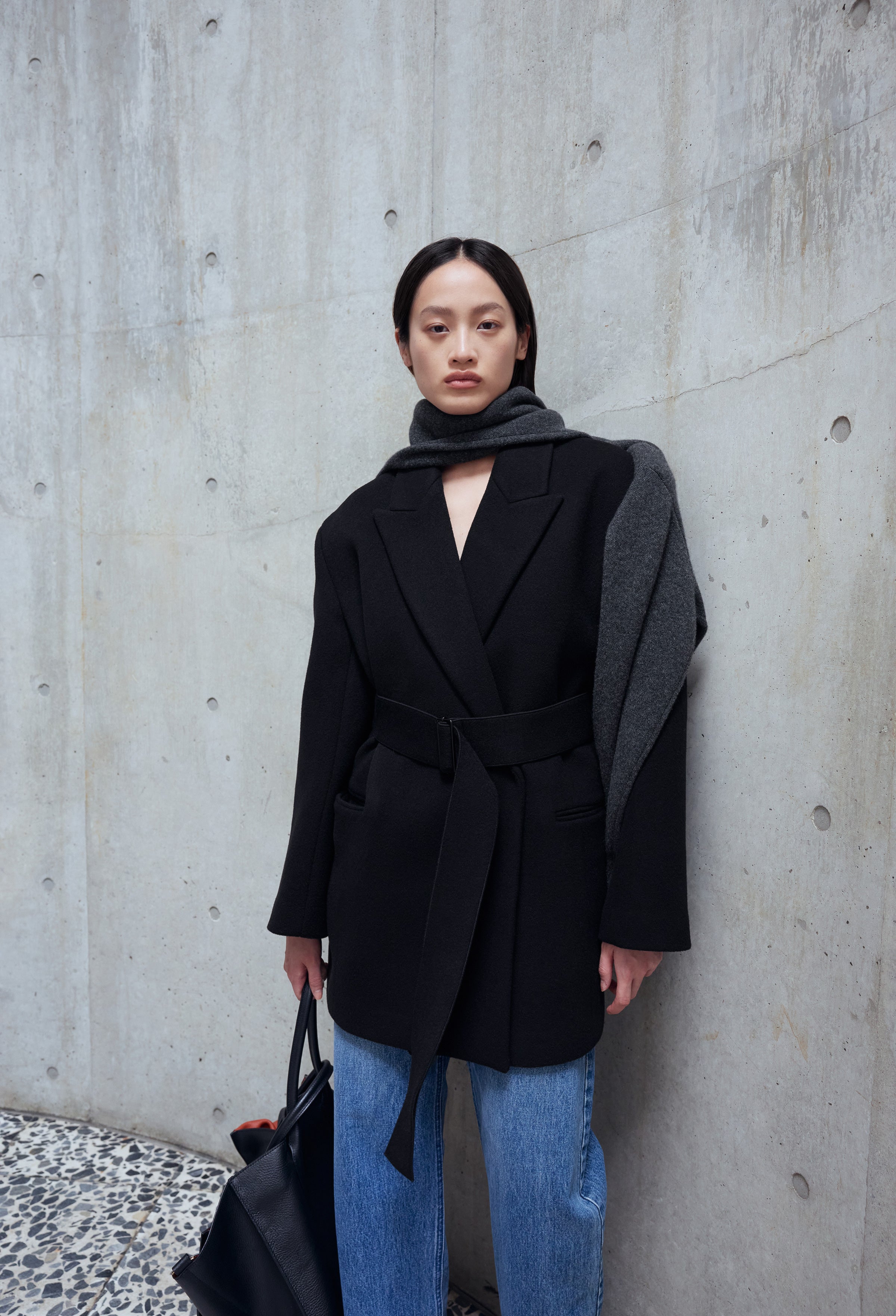 Double-breasted Belted Half Coat in Black