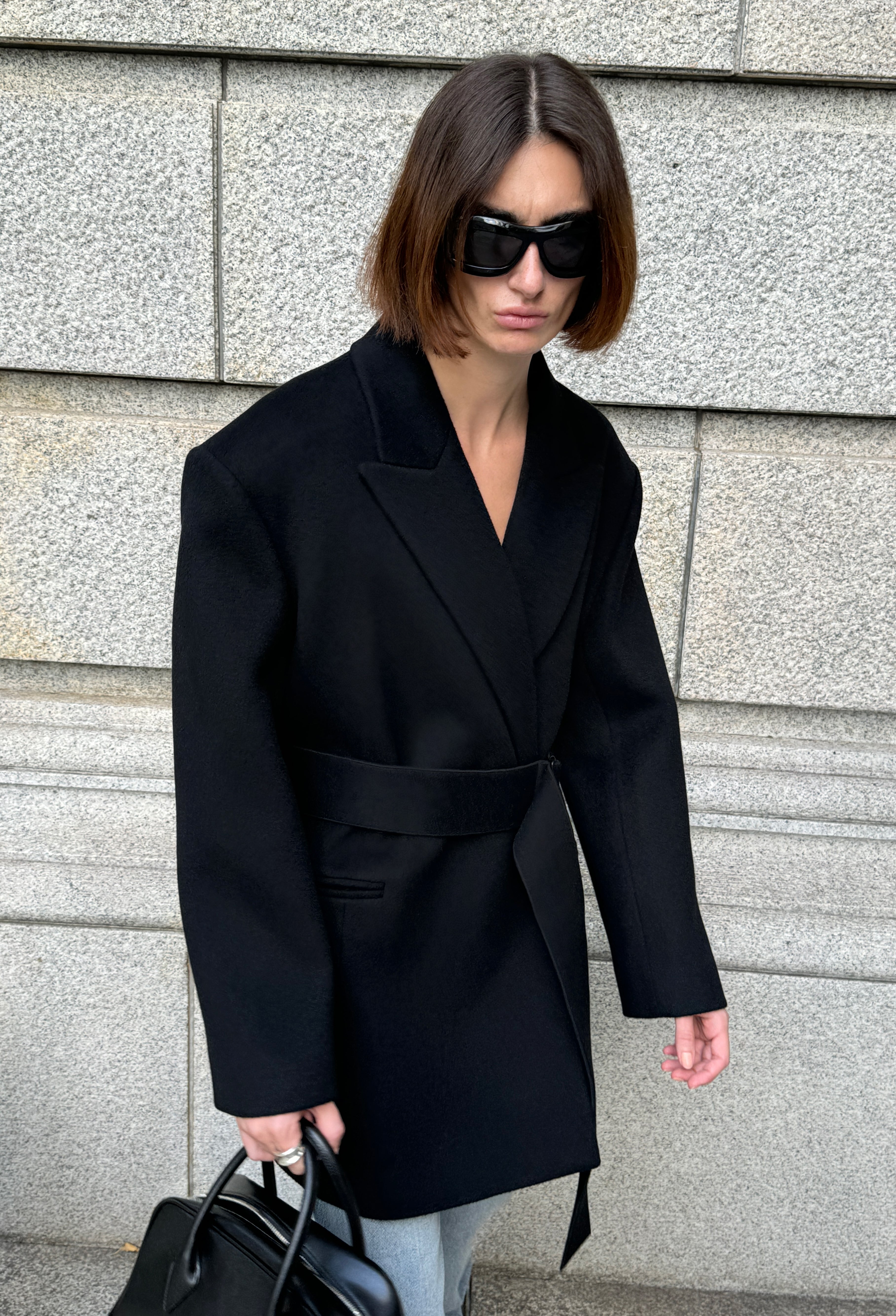 Double-breasted Belted Half Coat in Black