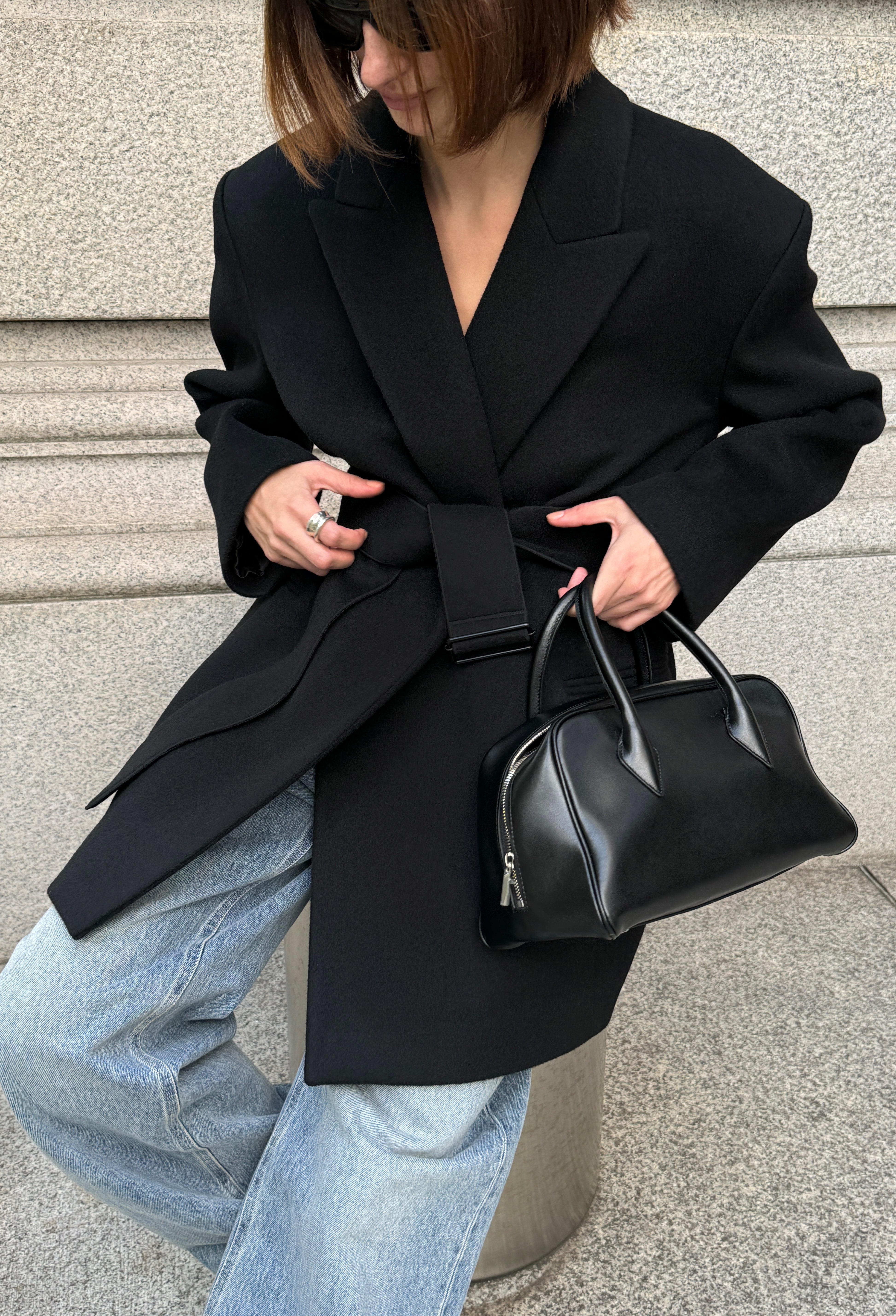 Double-breasted Belted Half Coat in Black