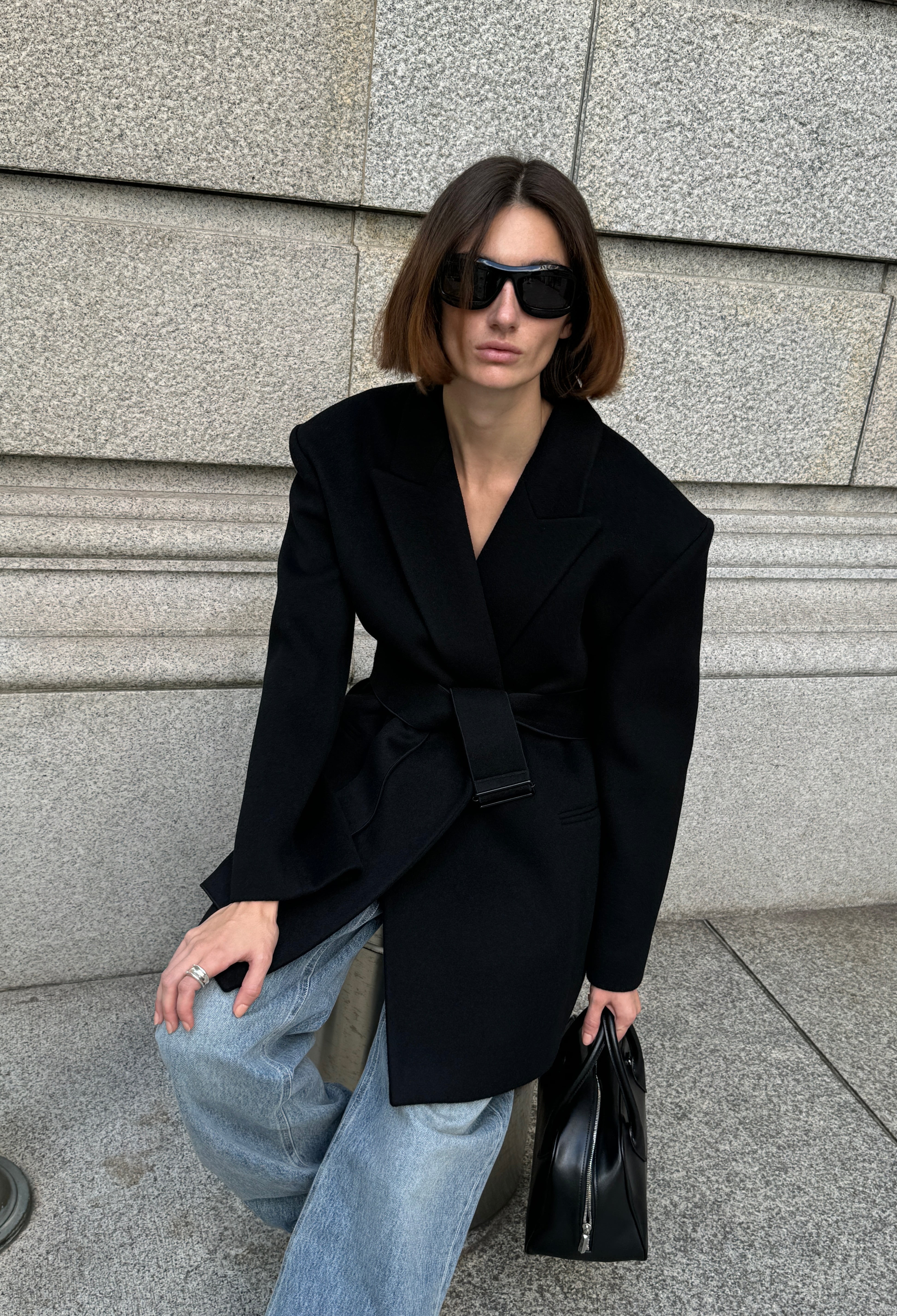 Double-breasted Belted Half Coat in Black