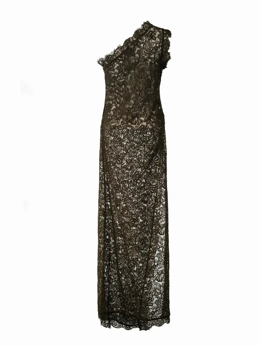 Miri One Shoulder Cotton Lace Dress in Olive
