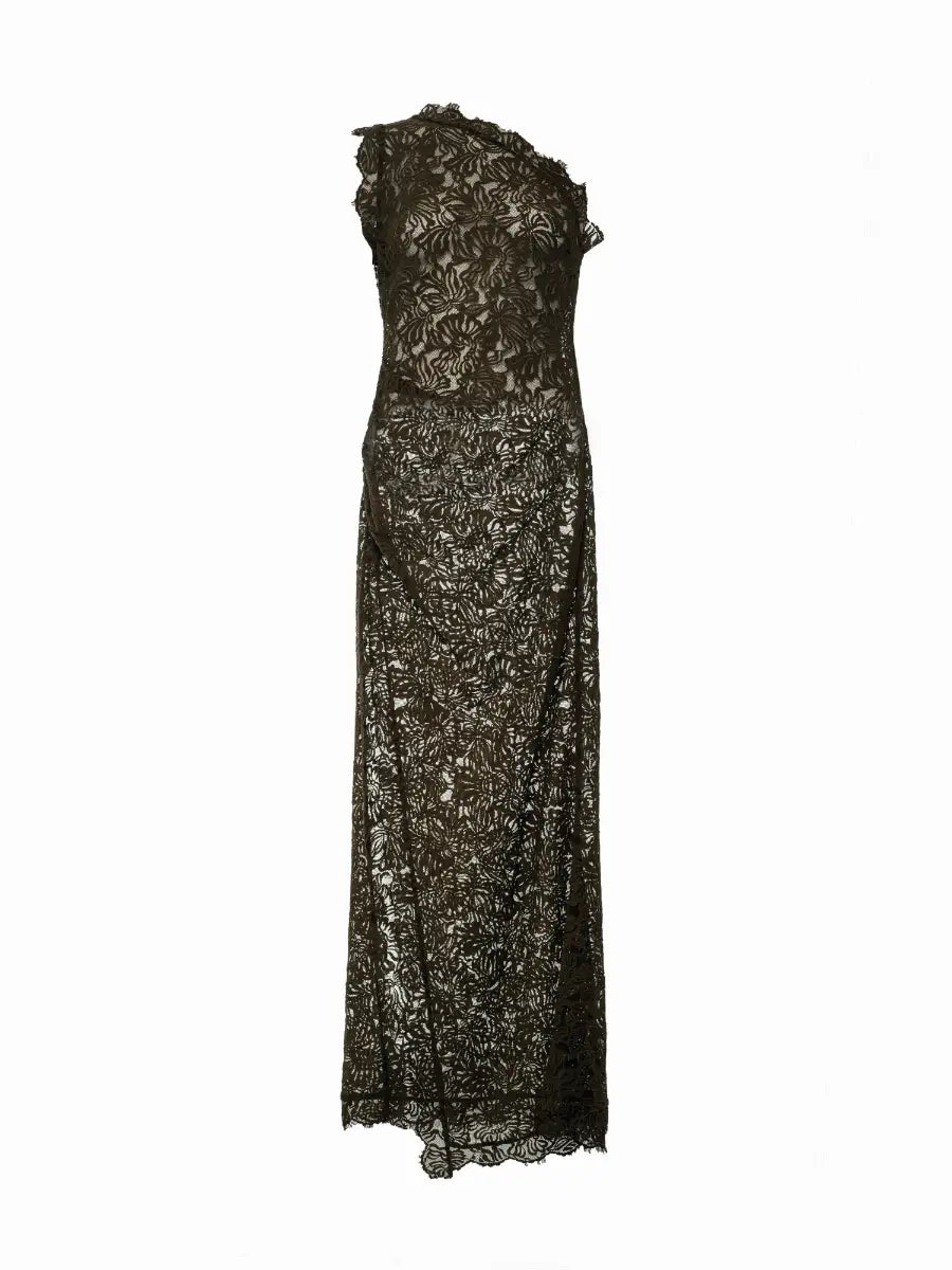 Miri One Shoulder Cotton Lace Dress in Olive