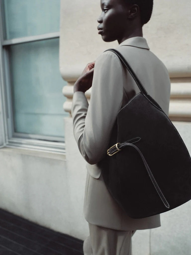 Belted Bucket Bag Large Black Suede