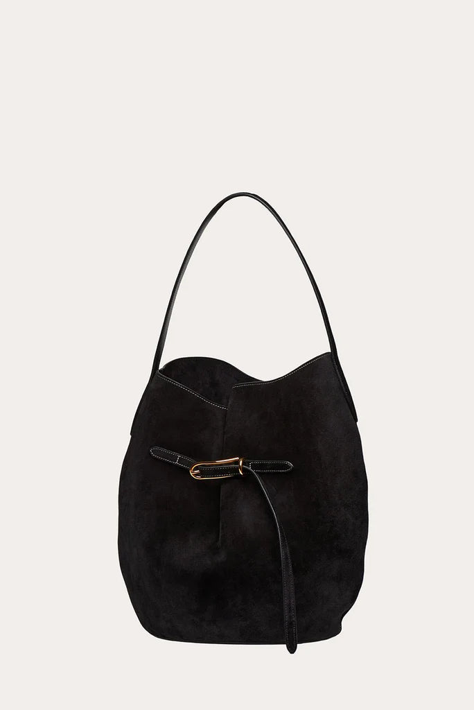 Belted Bucket Bag Large Black Suede