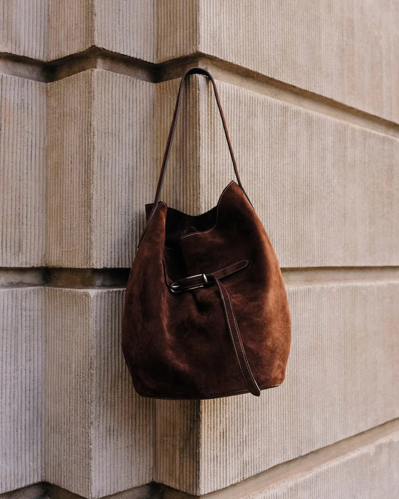 Belted Bucket Bag Large Dark Brown Suede